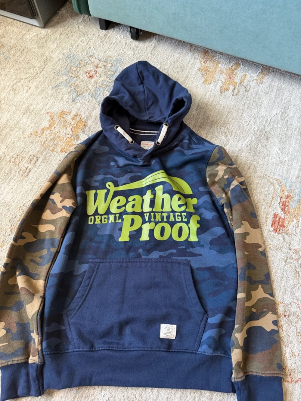 Weatherproof Men’s Navy Camo Hoodie with Lime Logo